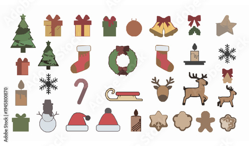 Christmas holiday thin line icon collection vector set with decorations, gifts, ornaments, and festive symbols on white background