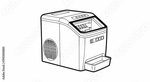 Detailed line art illustration of a compact countertop ice maker machine, showcasing its essential features for convenient home or office use and efficient beverage chilling