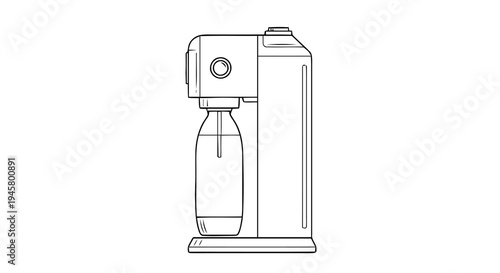 Sleek line art illustration of a modern home soda maker appliance, perfect for creating refreshing carbonated beverages and sparkling water instantly for daily use