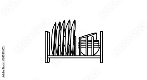 A clean, minimalist black and white line art icon depicting a dish drying rack filled with various plates and bowls, ready for storage or next use in a modern kitchen setting