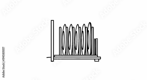 Simple black and white line art depicting a common kitchen dish drying rack neatly holding several plates, representing organization and practicality in household chores