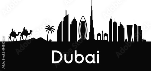 Black reindeer silhouette with large branching antlers standing side view, wild caribou bull arctic animal, cad drawing flat vector illustration