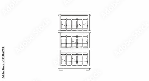 Minimalist line art illustration of an organized three-tier storage shelf, perfect for holding small jars or spices, representing efficient home organization and clean design aesthetics