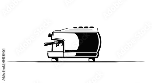 Sleek black and white illustration of a modern espresso coffee machine, perfect for cafe concepts, beverage preparation, and barista equipment designs