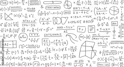 Hand drawn mathematical equations and symbols on a white background with various formulas and diagrams