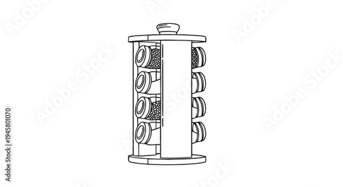 Clean line art icon of a rotating spice rack, an essential kitchen organizer for efficient storage and convenient access to a variety of culinary seasonings and herbs