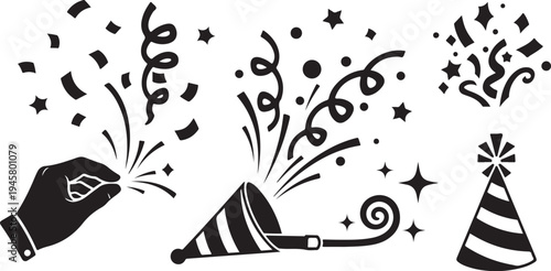 Black and white party celebration icons with confetti and hats