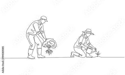 Single one line drawing of couple farmer was harvesting rice and there was also rice. Minimalism concept. One line draw graphic design vector illustration