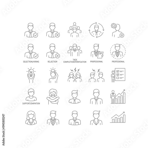 A collection of 20 line drawings of people in business