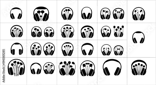 Collection of black and white headphones icons in various styles and designs on a grid background