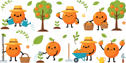Cute orange fruit farmer mascot gardening and harvesting set with watering plants picking oranges and farm activities cartoon vector illustration