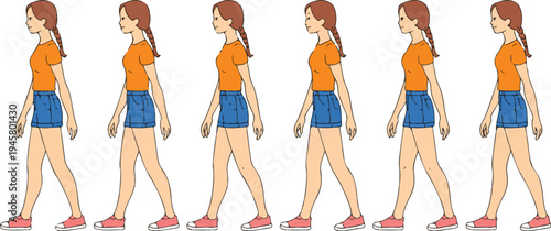 Vector walking animation sequence of a young woman in casual t-shirt and denim shorts isolated on white background for motion graphic design.