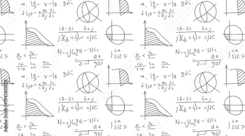 Hand drawn mathematical equations and graphs on white background mathematics science