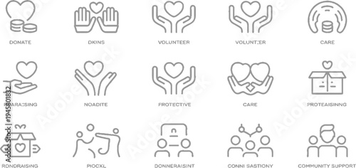 Collection of line representing charity and community support with hearts hands coins and people donate