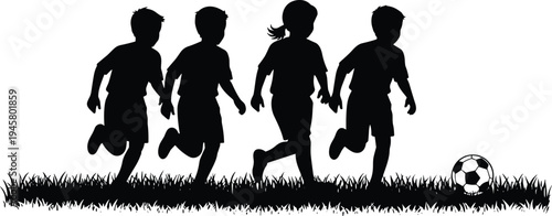 Children playing soccer silhouettes, kids running with football on grass field, youth sport activity, outdoor game, childhood teamwork illustration