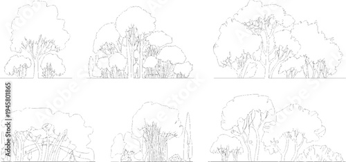 Six distinct line of various trees and shrubs arranged in clusters against a white background foliage