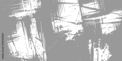 Abstract grey and white textured background with rough brush strokes and splatters