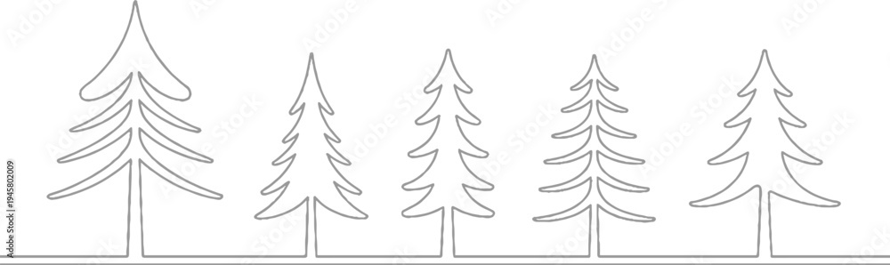 Obraz premium Five stylized grey pine trees of varying heights arranged in a horizontal line against a white background