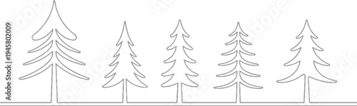 Five stylized grey pine trees of varying heights arranged in a horizontal line against a white background
