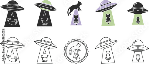 UFO Alien Abduction Illustration Set with Flying Saucers Beaming Cats and Dogs Cartoon Sci Fi Space Concept