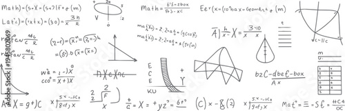 Hand drawn math equations and graphs on white background mathematics formula