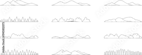 Collection of simple line mountain and cloud silhouettes in gray outline