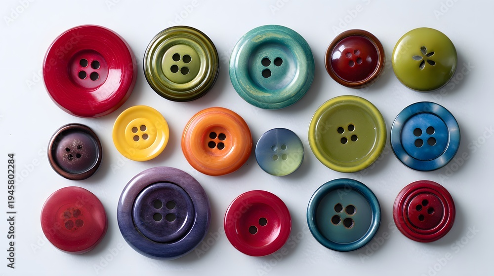 Fototapeta premium Collection of Assorted Colorful Sewing Buttons on a White Background.