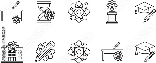 Set of Science and Education Line Icons Featuring Atoms Mortarboards Pencils and School Buildings Vector Illustration Isolated on White Background for Learning