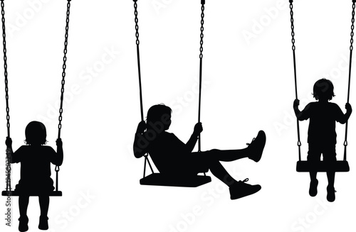Children silhouettes playing on swing set, kids swinging outdoor playground, happy childhood activity, black silhouette illustration isolated background