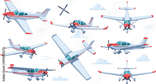 Light Aircraft Airplane Collection Featuring Small Propeller Planes Flying in Different Angles for Aviation, Pilot Training, and Transportation Design