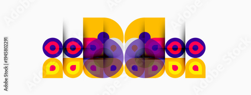 Bold graphic design features repeating circles, squares, vibrant purple, gold hues. Modern aesthetic, clean lines, symmetrical composition.