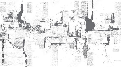 Torn newspaper pages with grey ink splatters and text fragments