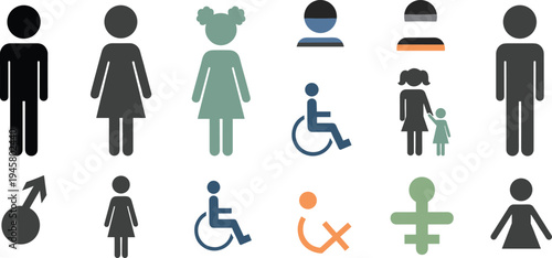 Gender and People Icon Set with Male Female Child Family Wheelchair Accessibility and Identity Symbols