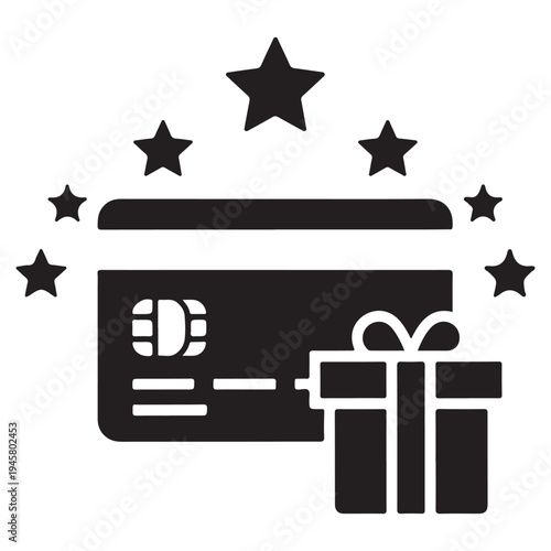 Black credit card with gift box and stars icon