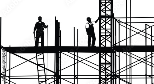 Construction workers on scaffolding silhouette, builders working at building site, industrial engineering labor concept, black silhouette illustration isolated