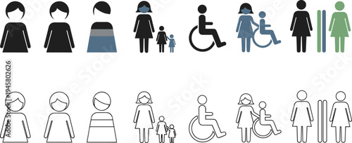 Women Female Figure Icon Set with Woman Avatar Mother Child Wheelchair Accessibility and Restroom Symbols