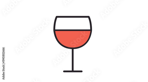 Black line wine glass icon with red wine color, minimalist alcohol beverage vector symbol isolated on white background, wine drink and restaurant bar concept.