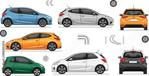 Modern Compact Hatchback Car Collection with Multiple Colors and Angles, Detailed Automobile Vector Illustration Set Showing Side Front and Rear Views