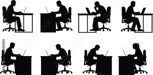 Office workers silhouettes using laptops at desk showing business work computer job workplace activity illustration set