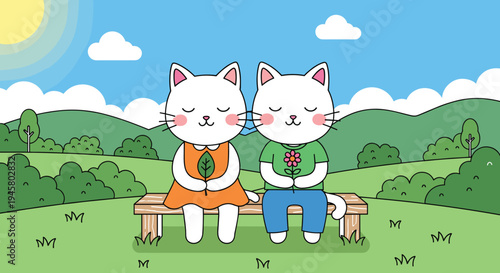 Cartoon white cats illustration sitting on bench, outdoor nature artwork design, children playful character concept, companionship relaxation theme, colorful scenic background