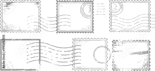 Collection of six distressed grey postage stamp outlines with wavy postmarks and circular stamps