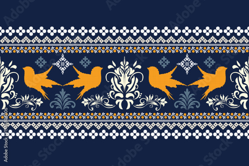 Pixel ethnic pattern border. Cross stitch embroidery pattern. Abstract background, Design for fabric, curtain, carpet ,scarf, rug. pixel textile fabric illustration vector. Knitted	