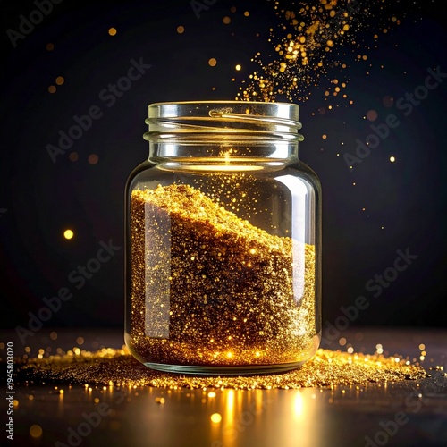 Jar of Golden Glitter Sparkling on Dark Surface Shimmering Celebration Concept Luxury Product.