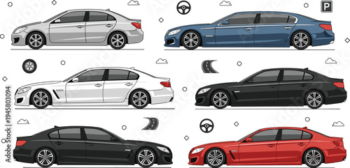 Modern Sport Sedan Car Collection with Multiple Color Variations and Side View Angles, Detailed Automobile Vector Illustration Set for Transport and Vehicle Design