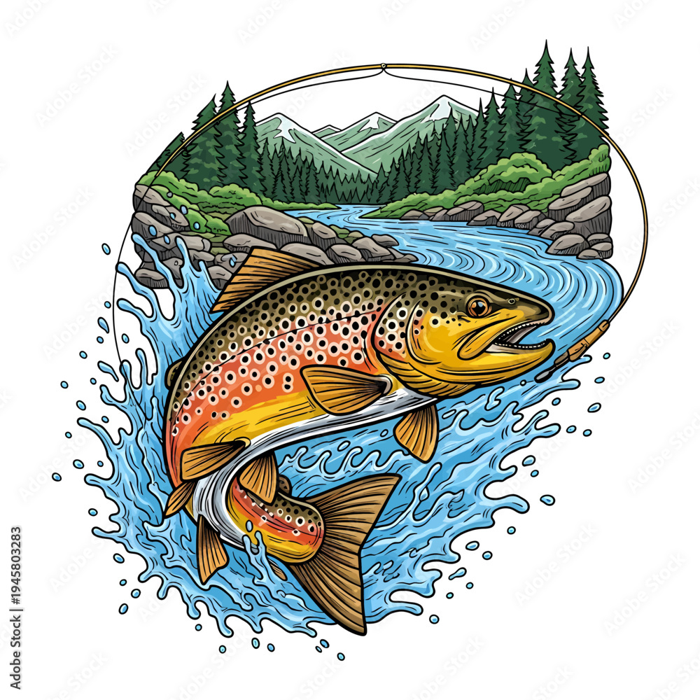 Fototapeta premium Brown trout jumping out of water with mountain and forest background vintage vector illustration