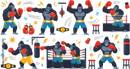 Boxer Gorilla Cartoon Vector Set with Gorilla Boxing Characters, Punching Bag, Gloves, Ring and Championship Belt.