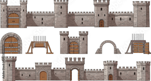 Medieval Castle Wall and Gate Collection Featuring Stone Fortification Towers, Arched Gates, and Wooden Drawbridge for Historic Architecture and Fantasy Design