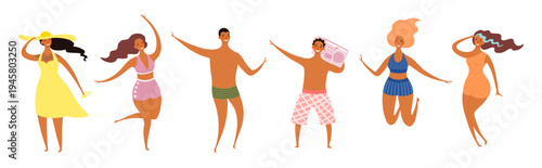 Beautiful women, men in swimsuit, having fun on beach, illustration isolated set. Summer holidays, vacations, resort. Flat design element, cartoon character collection, hand drawn vector clip art
