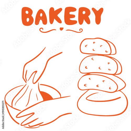 Bakery hand drawn doodle with dough kneading hands and bread buns baking illustration