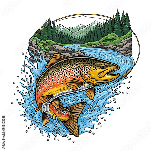 Brown trout jumping out of water with mountain and forest background vintage vector illustration